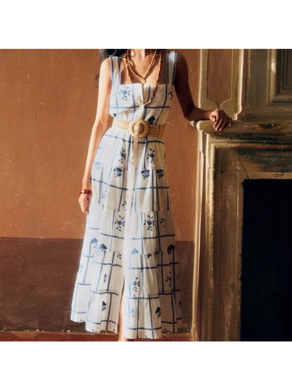 Sezane Embroidered Rama Dress Blue White
